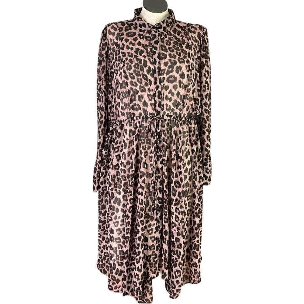 Torrid Shirt Dress Women 3X Brown Black Leopard Chiffon Midi Hanky Hem Lined